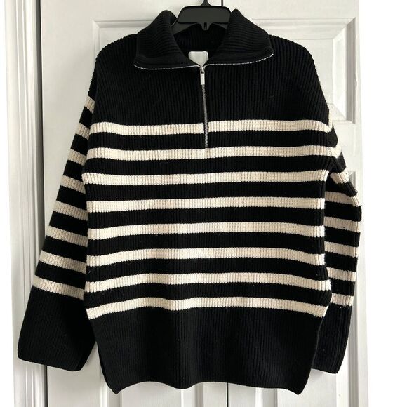 HM Chunky Knit Striped QuarterZip Sweater Black & White Nautical Ribbed Pullover - Picture 1 of 6